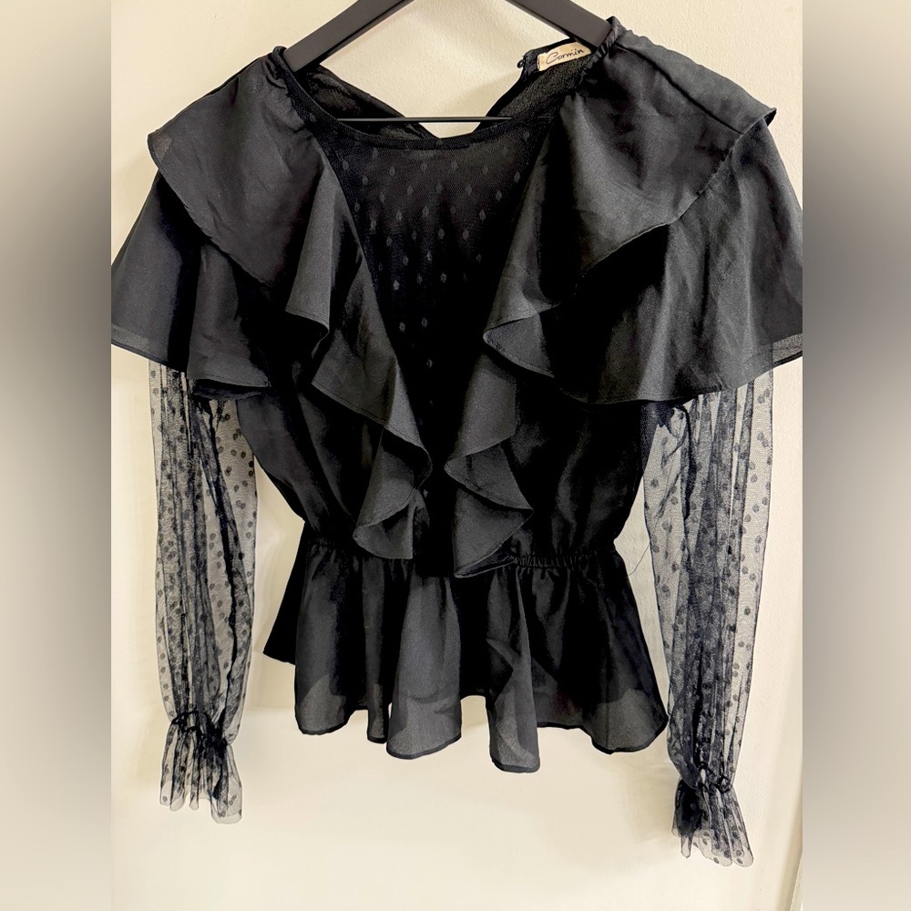 Black ruffled long sleeve blouse
